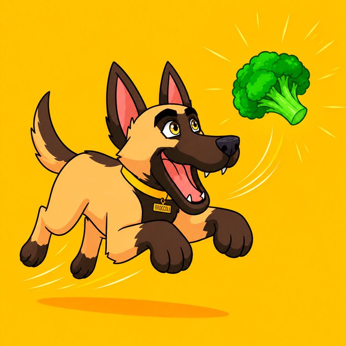 A cartoon illustration of a happy German Shepherd puppy with a "BROCCOLI" name tag leaping through the air to catch a flying head of broccoli against a yellow background.