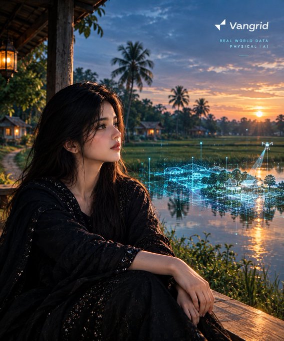 A digitally composed promotional image for 'Vangrid' featuring a young woman in a black outfit sitting on a wooden balcony at sunset, overlooking rice paddies with glowing holographic data visualizations overlaid on the landscape.