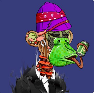 The image features a cartoon monkey wearing a purple hat, a black suit, and a tie. The monkey has a green frog attached to its face with a tongue sticking out, giving it an odd and amusing appearance. The background of the image is blue, which contrasts with the monkey's attire and adds depth to the scene. The caption "mutant ape yacht club" suggests that this cartoon character might be part of a group or club called the "Mutant Apes".
