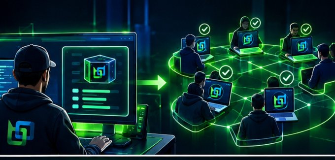 A digital illustration showing a hooded hacker at a computer distributing something to a network of hooded figures working on laptops with green checkmarks above them.