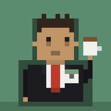 A pixel art illustration depicts a man with brown hair wearing a black suit, white shirt, and red tie, holding up a white coffee cup against a green background.