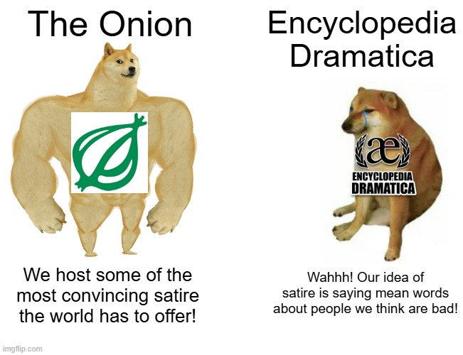 A buff Doge meme comparing The Onion ('We host some of the most convincing satire the world has to offer!') with Encyclopedia Dramatica ('Wahhh! Our idea of satire is saying mean words about people we think are bad!').