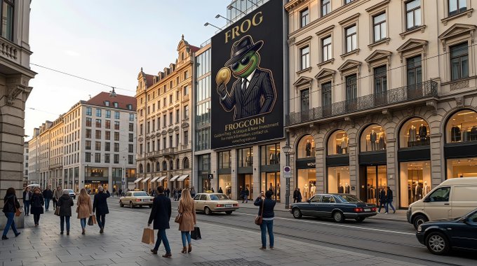 A European street scene featuring a large billboard for 'FROG' and 'FROGCOIN' displaying an anthropomorphic frog in a suit and fedora, with pedestrians and parked cars below.
