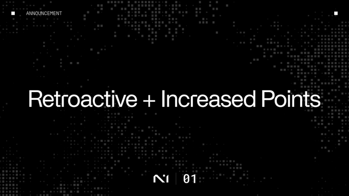 A black announcement screen with white text reading 'Retroactive + Increased Points' under the heading 'ANNOUNCEMENT', with '01' at the bottom.
