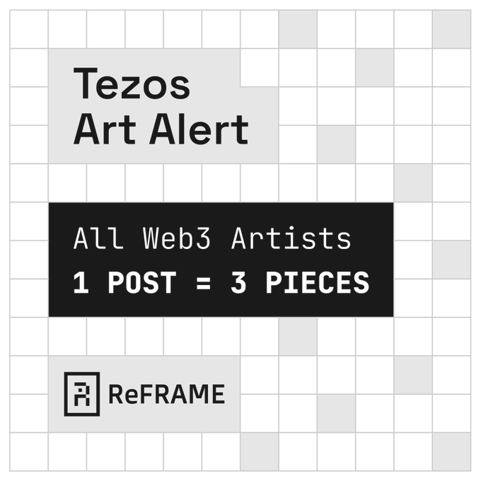 The image features a white square with black text that reads "Tezos Art Alert". Below this, there are three lines of black text providing information about an artist named Tezos. The first line states that all Web3 artists have posted their work on Reframe. The second line explains that the artist Tezos has posted one post for each piece he has created. The third line indicates that the artist is a member of the Web3 community, as they are referred to as an "All Web3 Artists".