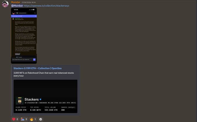 A Discord message from 'Monster' sharing a link to a Stackers NFT collection on OpenSea, priced at 0.1199 ETH, with details about earning tokenized stocks every hour.