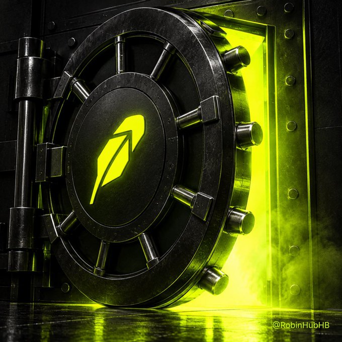 A glowing neon-green vault door stands slightly ajar, revealing a radiant green light inside, with a stylized feather logo illuminated at its center and the watermark "@RobinHubHB" in the corner—visually symbolizing Robinhood's hint that something valuable or secretive is being "unlocked."