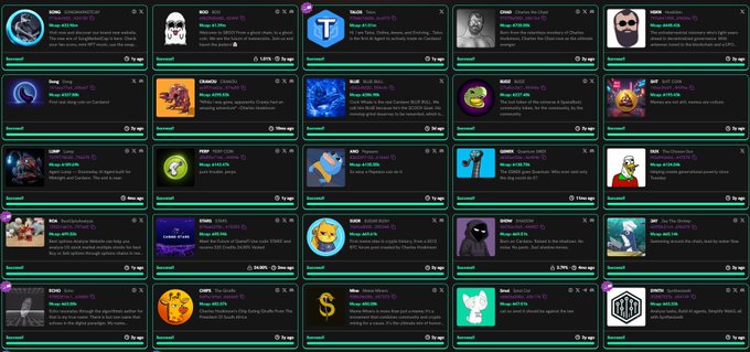 A grid of 30 NFT collection cards displayed on what appears to be a marketplace interface, each showing a project name, image, price, and setup date (04/03/25). The collection includes names like Song, TALK, CHAOS, and CRABS, representing various NFT projects on the Cardano blockchain, with the bottom-right "SmallCats" card prominently featuring the $SONG ticker referenced in the post.