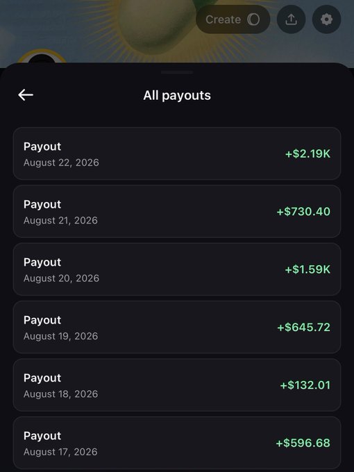 A screenshot of an "All payouts" page showing a series of daily payouts from August 17-22, 2026, with amounts ranging from +$132.01 to +$2.19K, highlighting the most recent +$2.19K payout from Pumpfun callouts as referenced in the caption.