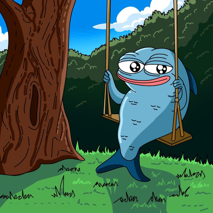 A cartoon blue creature with large sad eyes sits on a wooden swing hanging from a tree branch in a grassy outdoor setting. The melancholic, longing expression of the character pairs with the post "Wen" to evoke a humorous sense of impatient anticipation or yearning for something to finally happen.