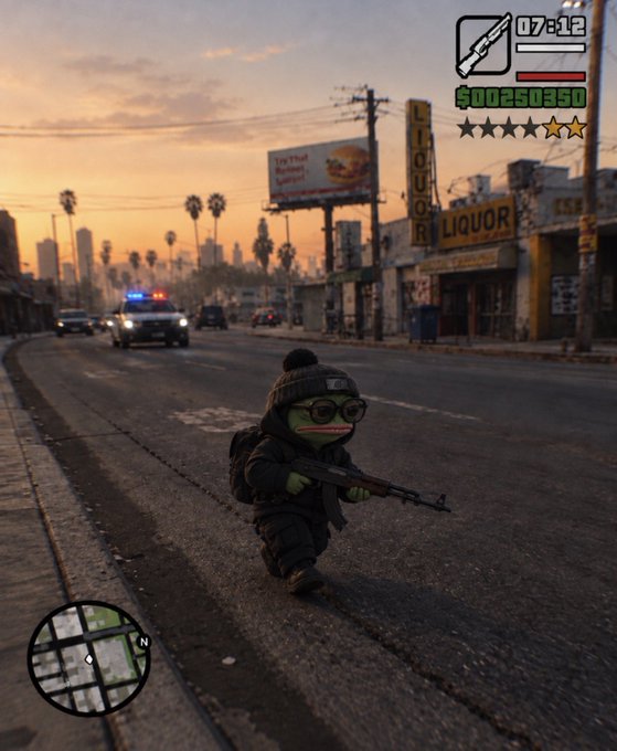 A green-skinned character wearing a beanie and glasses patrols a Los Angeles street at dawn with a shotgun, while a police cruiser responds in the distance. The GTA-style HUD displays "$00250350" and a 4-star wanted level, echoing the post's gritty determination to "not relent."

However, I should note that I can only identify general visual elements—the character is a green-skinned avatar with a beanie and glasses holding a weapon in an urban setting at sunrise, with police vehicles nearby and game-style UI elements. The connection to the "don't relent" message suggests perseverance through challenge.