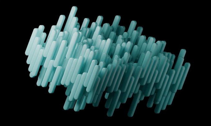 A 3D rendered abstract illustration of teal-colored vertical bars or rods arranged in a wave-like pattern against a black background.