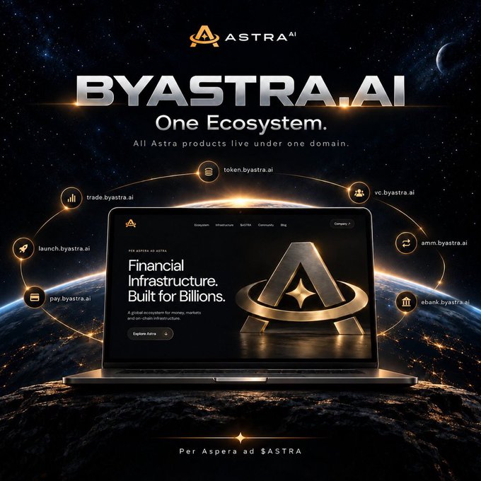 A promotional graphic for 'BYASTRA.AI - One Ecosystem' featuring a laptop displaying their 'Financial Infrastructure. Built for Billions.' website, surrounded by icons for various Astra products like token, vc, amm, and ebank.