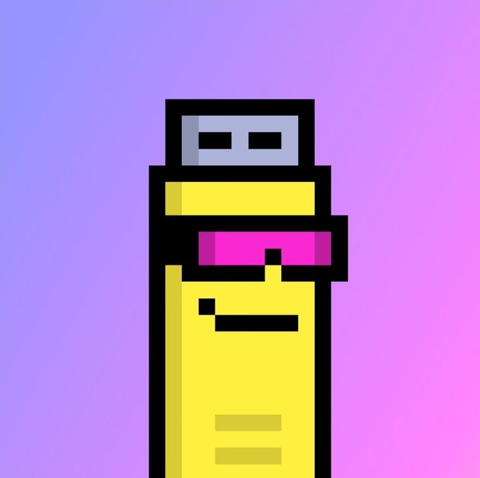 A simple pixel art depiction of a yellow lighter with a grey top and pink button against a purple gradient background.