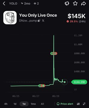 A DexScreener-style chart for the meme coin 'You Only Live Once' (DN2w...pump) showing a market cap of $145K after a major spike and crash, down 29.5% in 24 hours.