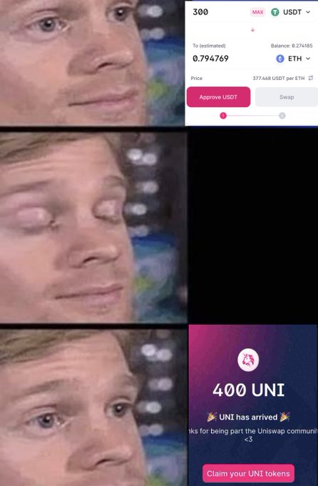 A three-panel meme shows a boy's face alongside screenshots of a Uniswap token swap for USDT and a claim page for '400 UNI' tokens.