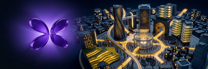A 3D-rendered futuristic cityscape at night features illuminated skyscrapers and a curved structure, accompanied by a glowing purple butterfly-shaped logo with translucent wings.
