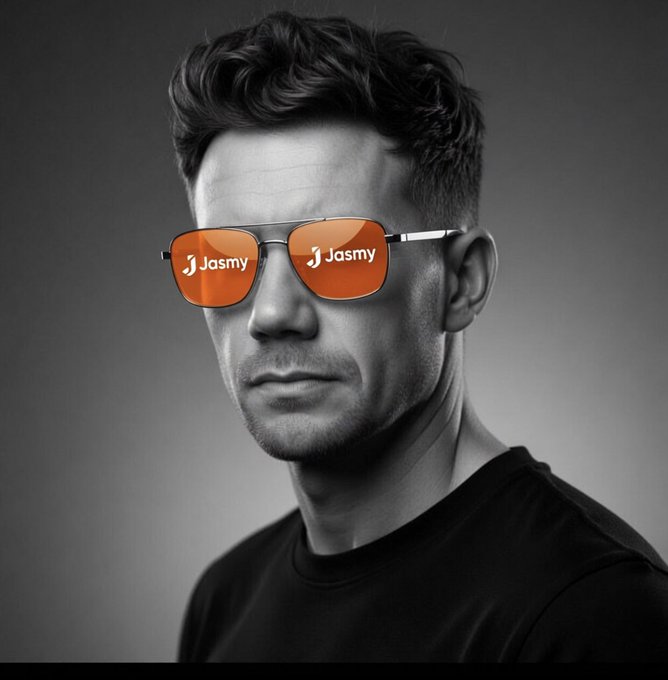 A black-and-white portrait of a man wearing sunglasses with bright orange reflective lenses that display the 'Jasmy' logo.