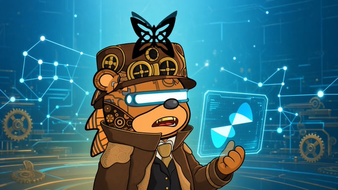 A stylized digital illustration of a steampunk hamster character wearing a top hat, goggles, and a suit, pointing at a holographic Senbero (Hyperliquid) token display against a technological blue background.