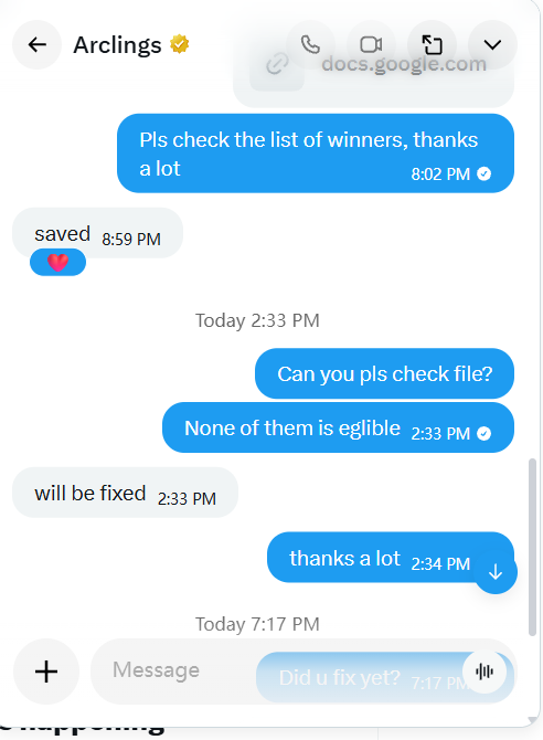 A Messenger conversation showing a user named 'Arclings' exchanging messages about checking a list of winners, with replies stating 'saved', 'None of them is eglible' (sic), 'will be fixed', and 'thanks a lot'.