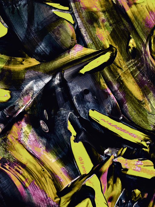 An abstract painting featuring thick, textured brushstrokes in black, yellow-green, and pink against a dark background.