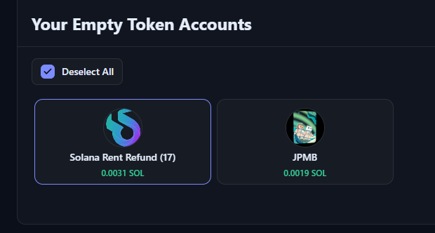 A dark-themed interface titled 'Your Empty Token Accounts' shows a 'Deselect All' checkbox with two token cards: 'Solana Rent Refund (17)' valued at 0.0031 SOL and 'JPMB' at 0.0019 SOL.