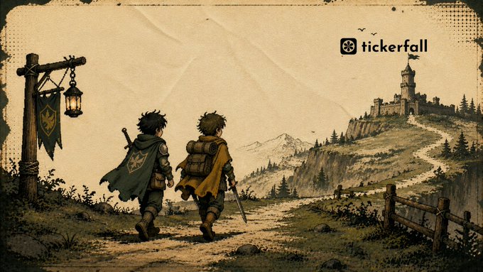 An illustrated fantasy scene shows two adventurers walking toward a castle, with the text 'tickerfall' and a logo in the upper right corner.