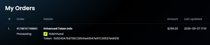 The image shows a "My Orders" page displaying order #1788767708883 for "Enhanced Token Info" on Robinhood, processed at $289.00 on 2026-09-07 at 17:10, with the token address 0x5D43A76d736C29541eA16147e97C30537e1d1E18 listed. This serves as proof of payment for DEX services referenced in the post, where the creator used FOMO creator fees to fund enhancements to the Dexscreener page.
