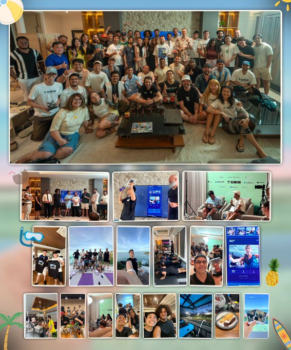 A collage of group photos from what appears to be a Solana-focused villa/hackhouse event, featuring a large group photo at the top and smaller images of attendees, presentations, beach scenes, and villa activities below, with one attendee highlighted as a young, wholesome builder joining the Solana community retreat.