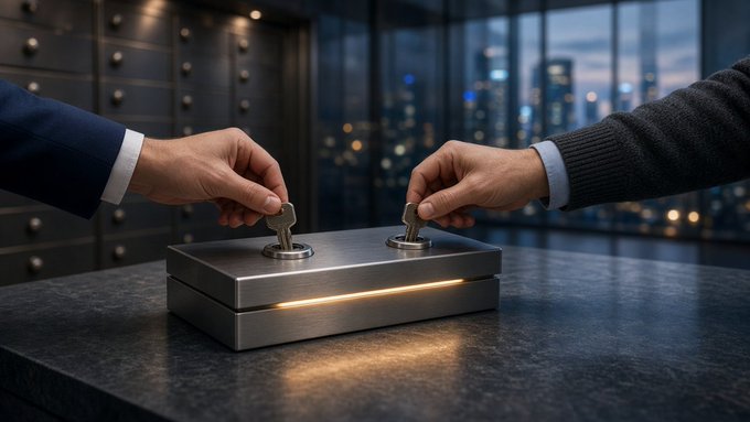 Two hands, one in a business suit and one in a sweater, simultaneously inserting keys into a silver lockbox on a marble surface, with a city skyline visible through the window behind them.