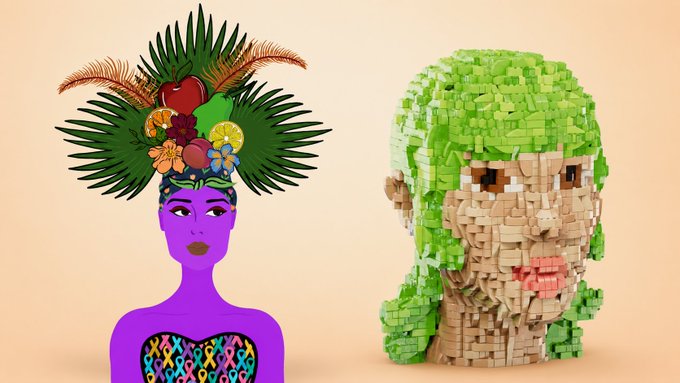 A stylized illustration of a woman with purple skin and an elaborate tropical fruit headdress stands beside a voxel-style bust of a figure with green hair, referencing the "Bricktopians" NFT giveaway announced in the post. The vibrant, artistic composition ties into the celebratory tone of congratulating the winner of TFW #1012 while teasing upcoming giveaways for August minters.