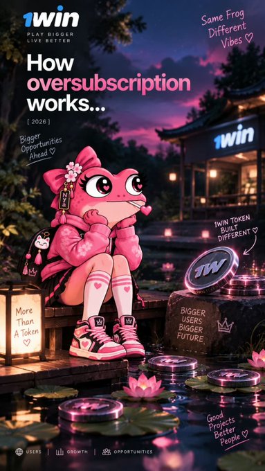 Vertical infographic for '1win' titled 'How oversubscription works...' featuring an animated pink frog character in a kimono, set against a Japanese garden backdrop with text including 'Bigger Opportunities Ahead', '1WIN TOKEN BUILT DIFFERENT', and 'Bigger Users Bigger Future'.