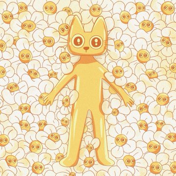 An illustration features an orange cat-like character standing among a dense pattern of white flowers with smiling yellow centers.