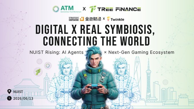 The image features an advertisement for a digital x real symbiosis event, which was held at ATM on June 13th, 2019. The poster includes a man holding a game controller with a city skyline behind him. The text on the poster highlights the collaboration between ATM and TREE Finance to create a new ecosystem that connects players to financial services providers. The poster also mentions the launch of a new ecosystem for gaming and AI in June 13th, 2019.