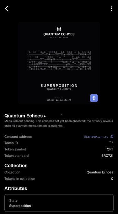 A mobile screenshot of the 'Quantum Echoes' NFT page on Quip Network, displaying a 'Superposition' artwork and contract address information.