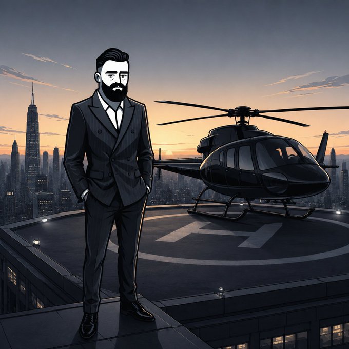 A digital illustration depicts a bearded man in a dark double-breasted suit standing on a helipad with a black helicopter, overlooking a city skyline at sunset.