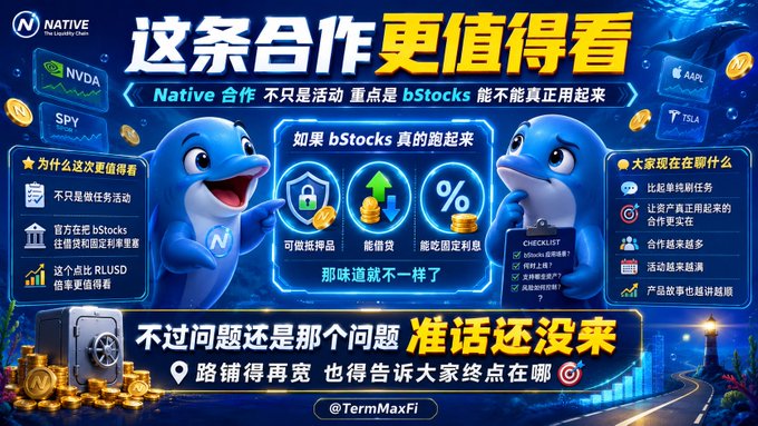A promotional graphic by TermMaxFi (@TermMaxFi) for 'Native' featuring two dolphin mascots, with Chinese text promoting collaboration and bStocks, alongside logos for NVDA, SPY, AAPL, and TSLA.