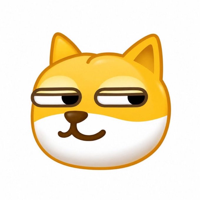 A digital emoji-style illustration of an orange and white cat face with a smug or skeptical expression, featuring half-closed eyes and a small brown smile.