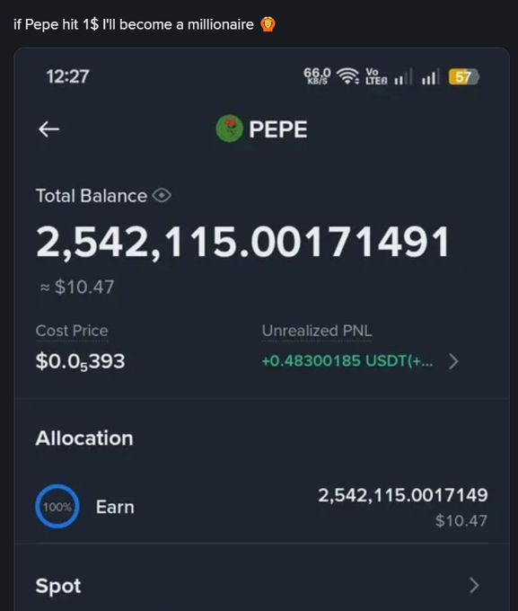 A crypto wallet screenshot shows a PEPE token balance of 2,542,115.00171491 (≈$10.47), illustrating the post's point that owning 2.5 million PEPE tokens would only be worth about $10 currently, not a million dollars, even if the highly optimistic scenario of PEPE hitting $1 were to come true.