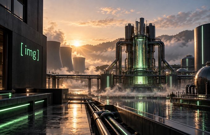 A futuristic industrial scene at sunset featuring cooling towers, glowing green cylindrical tanks, and the text '[img]' on a dark wall.