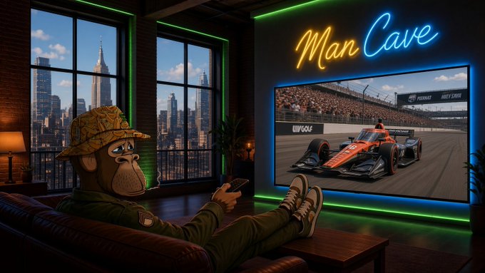 An illustration of a cartoon monkey wearing a hat and jacket, lounging on a couch watching a racing game on a large TV with a 'Man Cave' neon sign in the background.