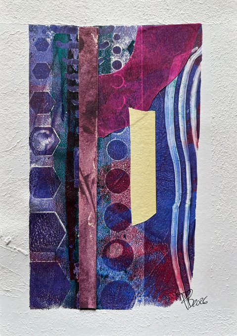 An abstract mixed-media collage artwork featuring purple, magenta, and blue hues with geometric patterns including circles, hexagons, and stripes, signed by the artist 'Bree' in the lower right corner.