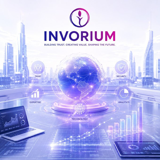 A promotional graphic for "INVOIRIUM" featuring the tagline "Building Trust. Creating Value. Shaping The Future." The image displays a glowing digital globe surrounded by icons representing Trust, Security, Expertise, Analytics, and Technology, set against a futuristic cityscape with laptops and tablets displaying charts, visually reinforcing the company's focus on a tech-driven, analytics-powered global financial strategy.