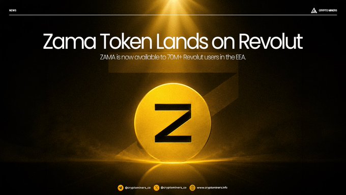 A promotional graphic announcing 'Zama Token Lands on Revolut' featuring a glowing gold coin with the letter 'Z' and the Cryptonomics logo.