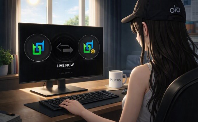 An anime-style illustration of a girl at a computer desk with a 'LIVE NOW' stream on the monitor featuring exchange logos and a 'Focus' mug.