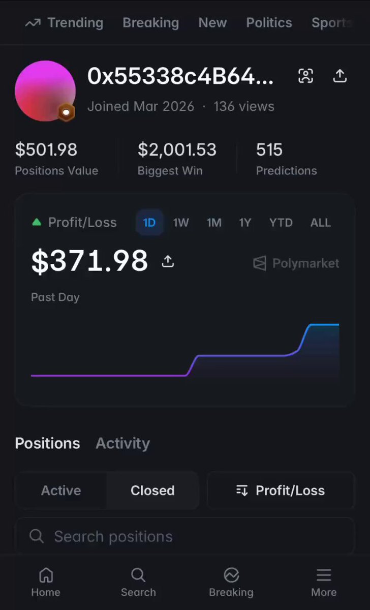 The image shows a screenshot of a cell phone screen displaying a trading app that has listed multiple positions and their corresponding active status, along with their associated performance data. The most recent trade executed was for Bitcoin, at $37.39, with a gain of 1,859 points (in dollars). Additionally, the post reads that the trader seems to have turned 5-minute Bitcoin markets into a cashflow machine through a formula involving Bitcoin's volatility and market hesitation.