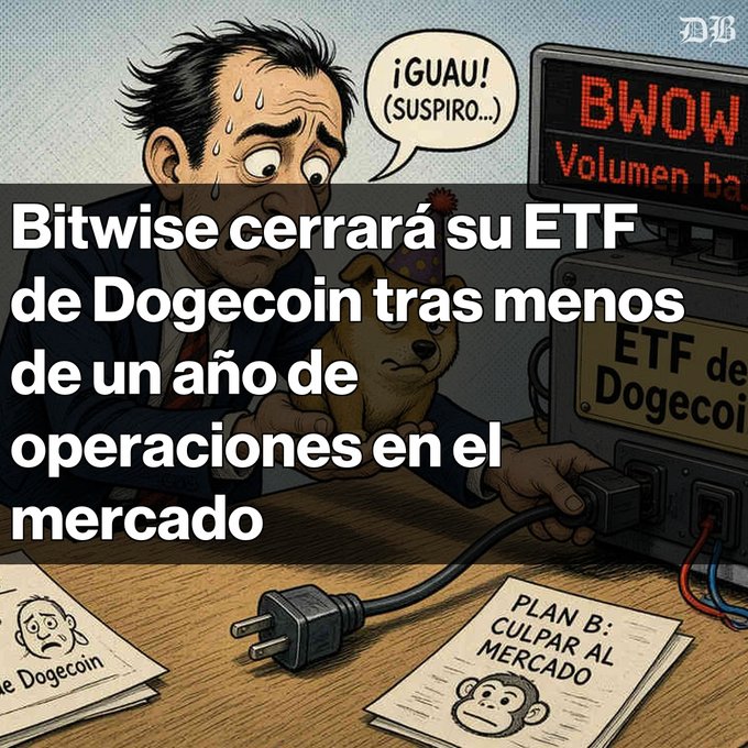 A cartoon meme of a sweating man and a Dogecoin dog with Spanish text reading "Bitwise cerrará su ETF de Dogecoin tras menos de un año de operaciones en el mercado" and "¡GUAU! (SUSPIRO...)" alongside "PLAN B: CULPAR AL MERCADO".