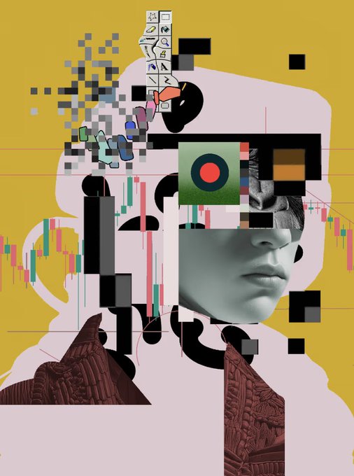 A glitch-art style digital collage featuring a fragmented human face, candlestick chart elements, abstract shapes, and pixelated text on a yellow background.