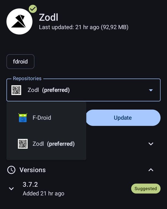 A screenshot of an app store interface showing the "Zodl" app, marked as verified and last updated 21 hr ago (92.92 MB), with version 3.7.2 marked as suggested.