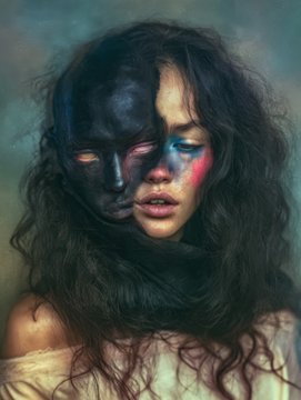 An artistic portrait of a woman with half her face painted in dark metallic tones and the other half showing natural skin with colorful eye makeup against a textured background.